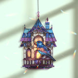 Birdhouse Acrylic Suncatcher, Stained Glass Style Blue Bird with Lantern Windows Window Hanging, Cottagecore Nature Home Décor Gift