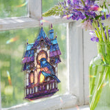 Birdhouse Acrylic Suncatcher, Stained Glass Style Blue Bird with Lantern Windows Window Hanging, Cottagecore Nature Home Décor Gift