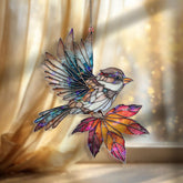 Bird Acrylic Suncatcher, Stained Glass Style Sparrow with Autumn Maple Leaf Window Hanging, Nature Inspired Fall Home Décor Gift