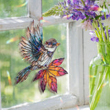 Bird Acrylic Suncatcher, Stained Glass Style Sparrow with Autumn Maple Leaf Window Hanging, Nature Inspired Fall Home Décor Gift