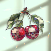 Cherry Skull Acrylic Suncatcher, Stained Glass Style Red Cherries with Gothic Skulls Window Hanging, Dark Alternative Home Décor Gift