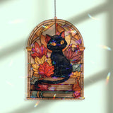 Black Cat Acrylic Suncatcher, Stained Glass Style Autumn Leaves with Books Window Hanging, Gothic Halloween Witchy Home Décor Gift