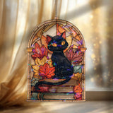 Black Cat Acrylic Suncatcher, Stained Glass Style Autumn Leaves with Books Window Hanging, Gothic Halloween Witchy Home Décor Gift