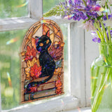 Black Cat Acrylic Suncatcher, Stained Glass Style Autumn Leaves with Books Window Hanging, Gothic Halloween Witchy Home Décor Gift