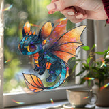 Dragon Acrylic Suncatcher, Stained Glass Style Cute Blue and Orange Baby Dragon with Fiery Wings Window Hanging, Fantasy Home Décor Gift