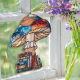 Mushroom and Books Acrylic Suncatcher, Stained Glass Style Colorful Toadstool with Stack of Books Window Hanging