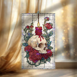 Skull and Candle Acrylic Suncatcher, Stained Glass Style Gothic Red Roses and Burning Candle Window Hanging, Dark Halloween Home Décor Gift