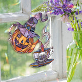 Halloween Teapot Acrylic Suncatcher, Stained Glass Style Jack O’Lantern with Witch Hat Pouring into Skull Cup, Spooky Window Hanging Décor
