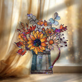 Sunflower Acrylic Suncatcher, Stained Glass Style Fall Floral Bouquet in Jug Window Hanging, Rustic Country Home Décor Gift for Autumn