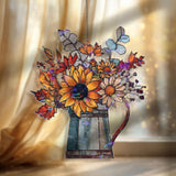 Sunflower Acrylic Suncatcher, Stained Glass Style Fall Floral Bouquet in Jug Window Hanging, Rustic Country Home Décor Gift for Autumn