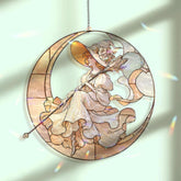 Moon Witch Acrylic Suncatcher, Stained Glass Style Elegant Lady on Crescent Moon Window Hanging, Fantasy Celestial Home Décor Gift