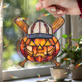Halloween Baseball Pumpkin Acrylic Suncatcher, Stained Glass Style Jack O’Lantern with Bat Cap Window Hanging, Sporty Fall Home Décor Gift