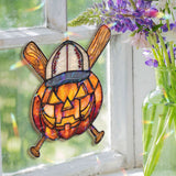Halloween Baseball Pumpkin Acrylic Suncatcher, Stained Glass Style Jack O’Lantern with Bat Cap Window Hanging, Sporty Fall Home Décor Gift