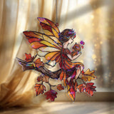 Fairy Acrylic Suncatcher, Stained Glass Style Autumn Fairy with Squirrel Window Hanging, Fantasy Nature Home Décor Gift for Fall Lovers