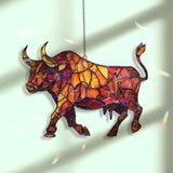 Bull Acrylic Suncatcher, Stained Glass Style Red and Orange Animal Window Hanging, Zodiac Taurus Home Décor Gift for Strength and Power