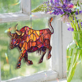 Bull Acrylic Suncatcher, Stained Glass Style Red and Orange Animal Window Hanging, Zodiac Taurus Home Décor Gift for Strength and Power