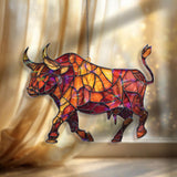 Bull Acrylic Suncatcher, Stained Glass Style Red and Orange Animal Window Hanging, Zodiac Taurus Home Décor Gift for Strength and Power
