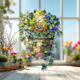 Frog in Ivy Plant Acrylic Suncatcher, Stained Glass Style Green Frog with Hanging Pot Window Decor, Nature Garden Lover Home Gift