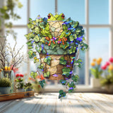 Frog in Ivy Plant Acrylic Suncatcher, Stained Glass Style Green Frog with Hanging Pot Window Decor, Nature Garden Lover Home Gift