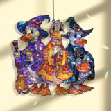Halloween Ducks Acrylic Suncatcher, Stained Glass Style Witch Ducks with Pumpkin Window Hanging, Cute Spooky Fall Home Decor Gift
