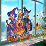 Halloween Ducks Acrylic Suncatcher, Stained Glass Style Witch Ducks with Pumpkin Window Hanging, Cute Spooky Fall Home Decor Gift