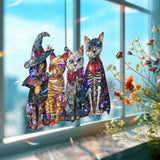 Halloween Cats Acrylic Suncatcher, Stained Glass Style Witch Mummy Vampire Skeleton Cat Window Hanging, Spooky Fall Home Decor Gift