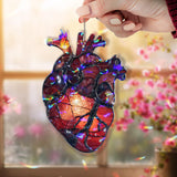 Anatomical Heart Acrylic Suncatcher, Stained Glass Style Red Heart with Flame Window Hanging, Gothic Romantic Medical Art Home Decor