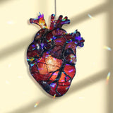 Anatomical Heart Acrylic Suncatcher, Stained Glass Style Red Heart with Flame Window Hanging, Gothic Romantic Medical Art Home Decor