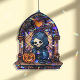 Grim Reaper Acrylic Suncatcher, Stained Glass Style Skeleton with Pumpkin Window Hanging, Gothic Halloween Spooky Home Decor Gift