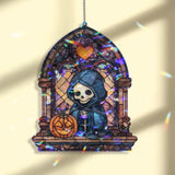 Grim Reaper Acrylic Suncatcher, Stained Glass Style Skeleton with Pumpkin Window Hanging, Gothic Halloween Spooky Home Decor Gift