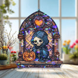 Grim Reaper Acrylic Suncatcher, Stained Glass Style Skeleton with Pumpkin Window Hanging, Gothic Halloween Spooky Home Decor Gift