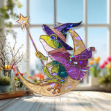 Wizard Frog on Moon Acrylic Suncatcher, Stained Glass Style Magical Animal Window Hanging, Cute Halloween Fantasy Home Decor Gift