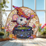 Wizard Mouse Acrylic Suncatcher, Stained Glass Style Halloween Animal with Cauldron Window Hanging, Cute Magical Fall Home Decor Gift