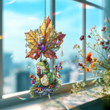 Frog with Autumn Leaf Acrylic Suncatcher, Stained Glass Style Cute Animal Window Hanging, Fall Nature Rainy Day Home Decor Gift