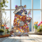Cozy Raccoon Acrylic Suncatcher, Stained Glass Style Autumn Animal with Scarf and Coffee Window Hanging, Fall Woodland Home Decor Gift