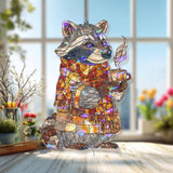 Cozy Raccoon Acrylic Suncatcher, Stained Glass Style Autumn Animal with Scarf and Coffee Window Hanging, Fall Woodland Home Decor Gift