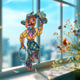 Pumpkin Cowboy Acrylic Suncatcher, Stained Glass Style Jack O’Lantern Western Window Hanging, Halloween Fall Rustic Home Decor Gift