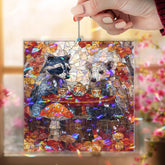 Raccoons Tea Party Acrylic Suncatcher, Stained Glass Style Autumn Forest Animals Window Hanging, Woodland Fall Nature Home Decor Gift