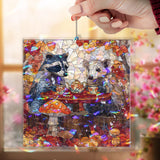 Raccoons Tea Party Acrylic Suncatcher, Stained Glass Style Autumn Forest Animals Window Hanging, Woodland Fall Nature Home Decor Gift