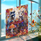 Raccoons Tea Party Acrylic Suncatcher, Stained Glass Style Autumn Forest Animals Window Hanging, Woodland Fall Nature Home Decor Gift