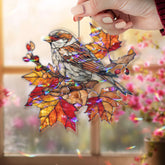 Sparrow Acrylic Suncatcher, Stained Glass Style Bird on Autumn Branch Window Hanging, Fall Leaves Nature Inspired Home Decor Gift
