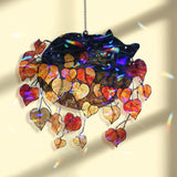 Sleeping Cat in Hanging Basket Acrylic Suncatcher, Stained Glass Style Autumn Leaves Window Hanging, Cozy Fall Pet Lover Home Decor