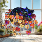 Sleeping Cat in Hanging Basket Acrylic Suncatcher, Stained Glass Style Autumn Leaves Window Hanging, Cozy Fall Pet Lover Home Decor