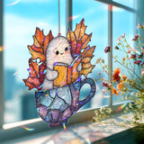 Cute Ghost Reading Acrylic Suncatcher, Stained Glass Style Halloween Autumn Window Hanging, Cozy Book Lover Fall Home Decor Gift