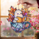 Cute Ghost Reading Acrylic Suncatcher, Stained Glass Style Halloween Autumn Window Hanging, Cozy Book Lover Fall Home Decor Gift