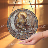 Archangel Stained Glass Suncatcher, Round Angel with Sword and Scales Window Panel, Spiritual Justice Guardian Home Decor Gift
