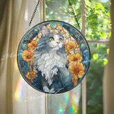 Gray and White Cat Stained Glass Suncatcher, Round Feline Window Panel with Yellow Flowers, Pet Lover Gift, Artistic Cat Home Decor