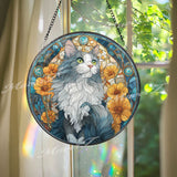 Gray and White Cat Stained Glass Suncatcher, Round Feline Window Panel with Yellow Flowers, Pet Lover Gift, Artistic Cat Home Decor
