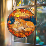 Fox Stained Glass Suncatcher, Round Autumn Window Panel with Sleeping Foxes and Fall Leaves, Rustic Woodland Animal Home Decor Gift
