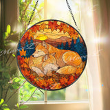 Fox Stained Glass Suncatcher, Round Autumn Window Panel with Sleeping Foxes and Fall Leaves, Rustic Woodland Animal Home Decor Gift